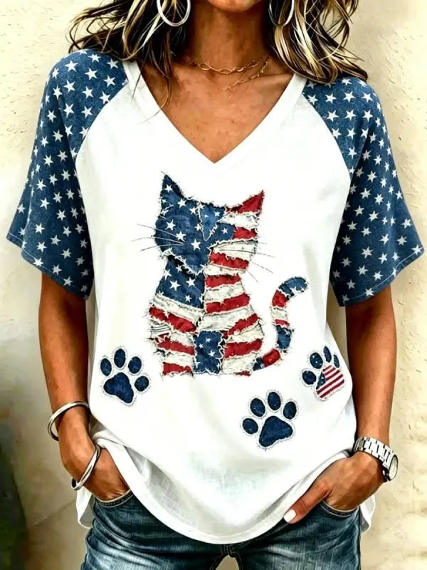 Women's USA 250th Anniversary Cat Print Top