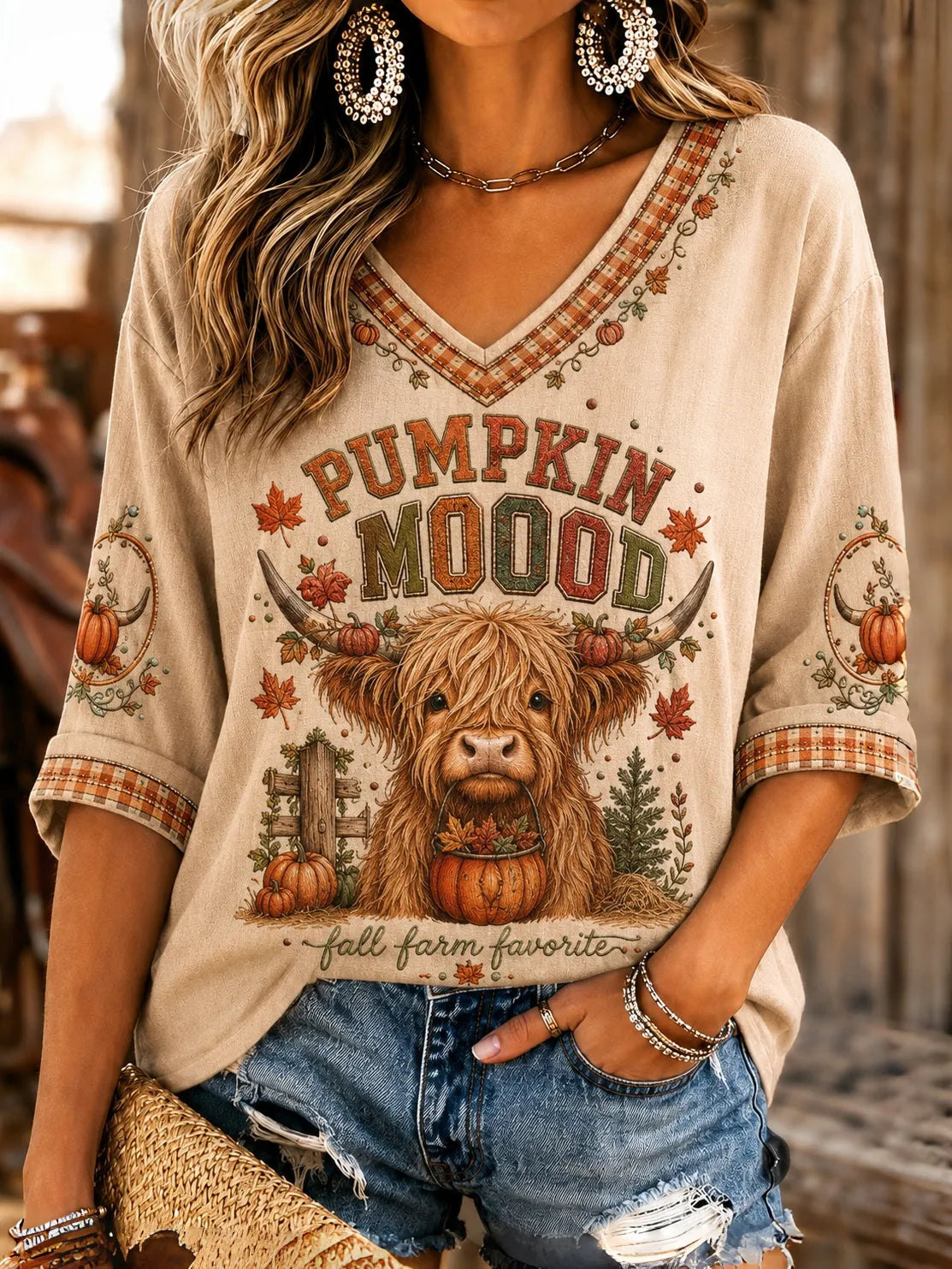 Women's Vintage Fall Farm Highland Cow Graphic T-Shirt