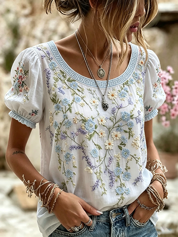 Women's Boho Floral Patchwork Embroidered Puff Sleeve Top