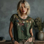 Women's Retro Floral Art Embroidery Casual Cotton Linen T-shirt