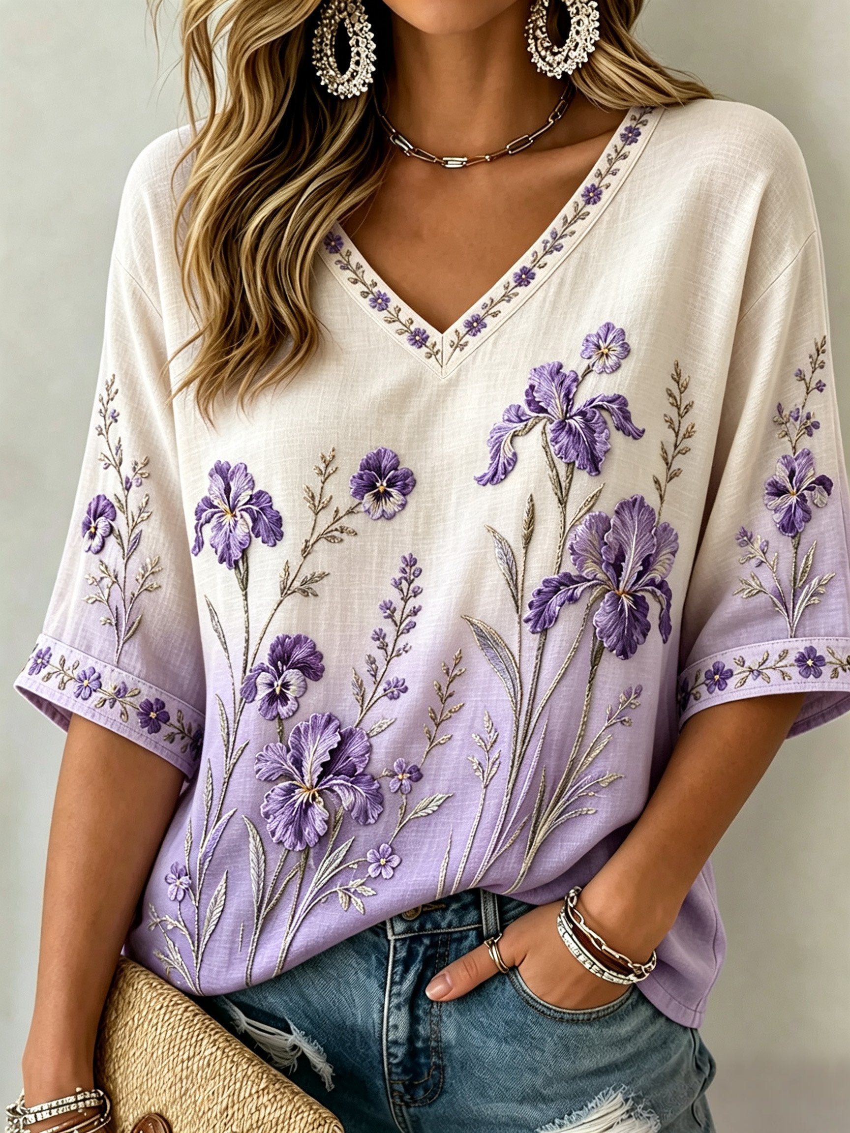 Women's Purple Floral Print Casual Top