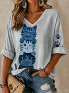 Women's Cats Leisure Print Waffle Top