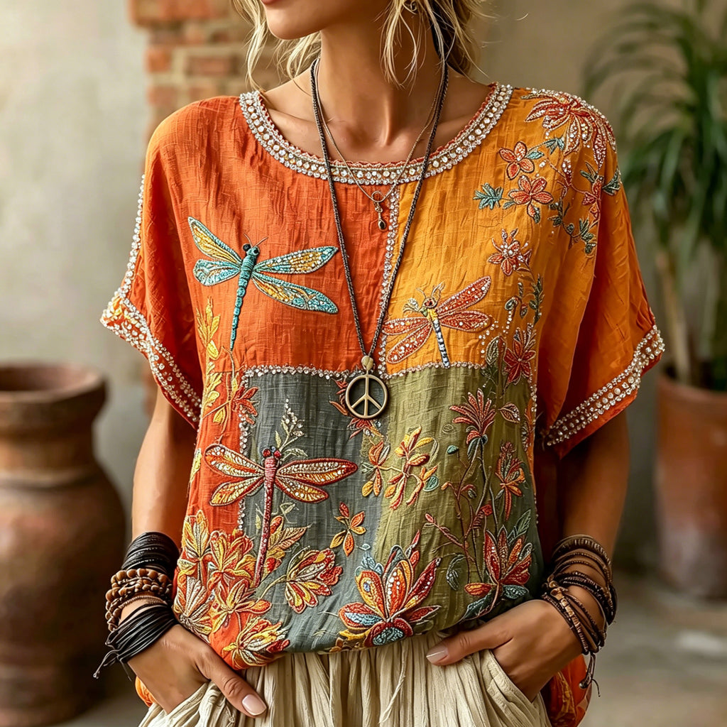 Women's Vintage Hippie Floral And Dragonfly In Patchwork Pattern Art Embroidered Linen Blend Shirts