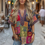 Women's Retro Floral Embroidery Casual Cotton Linen V-neck T-shirt