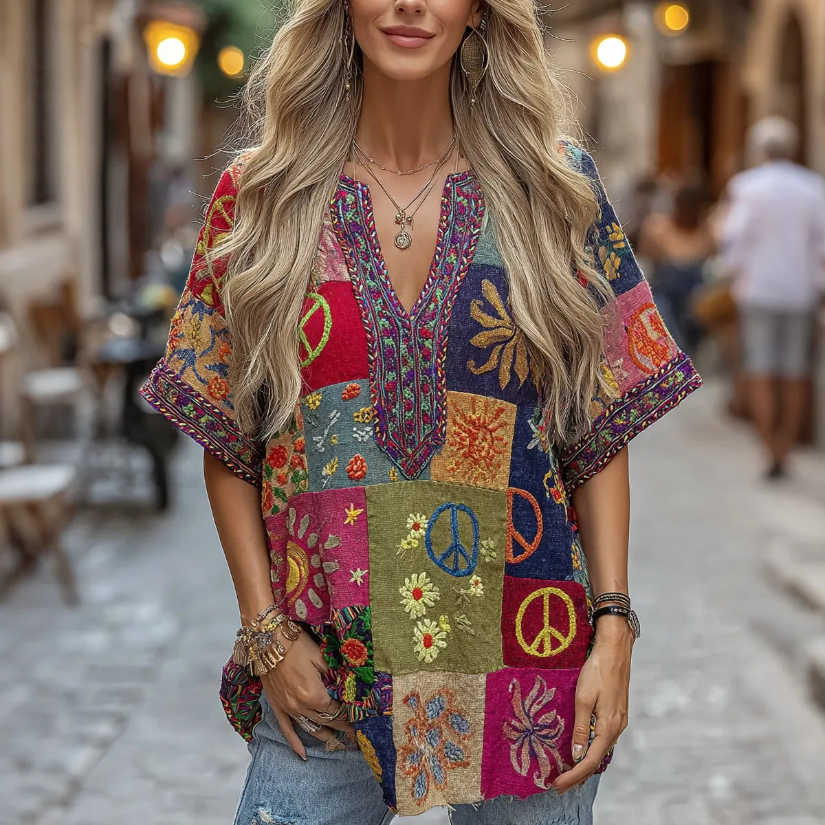 Women's Retro Floral Embroidery Casual Cotton Linen V-neck T-shirt