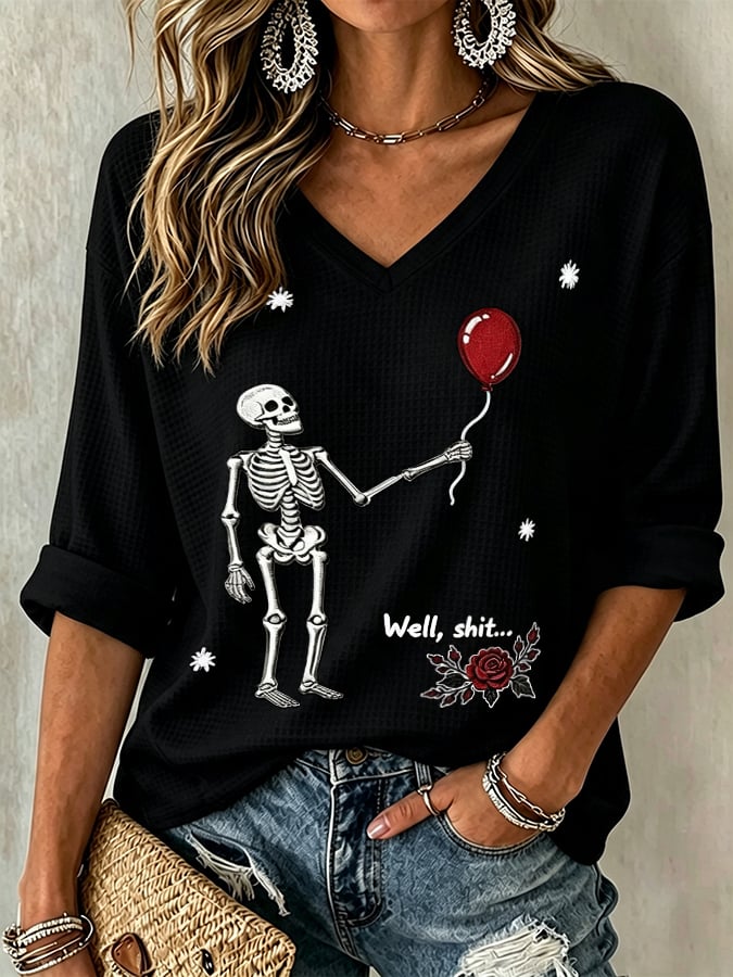 🔥🔥2nd 50% Off 🔥🔥Women's Halloween Well, shit... Print V Neck T-Shirt