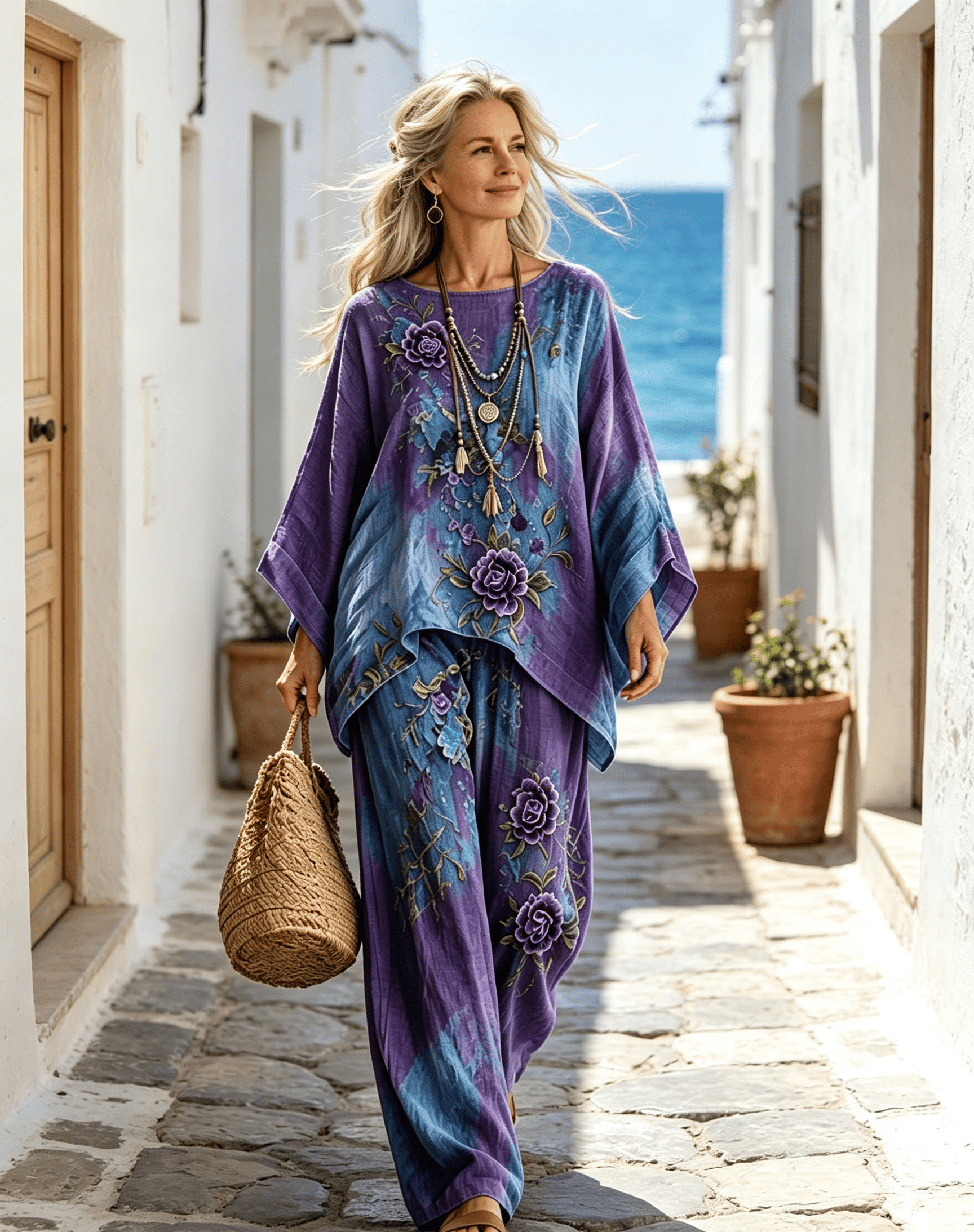 Women's Purple Floral Print Casual Top and Pants Set