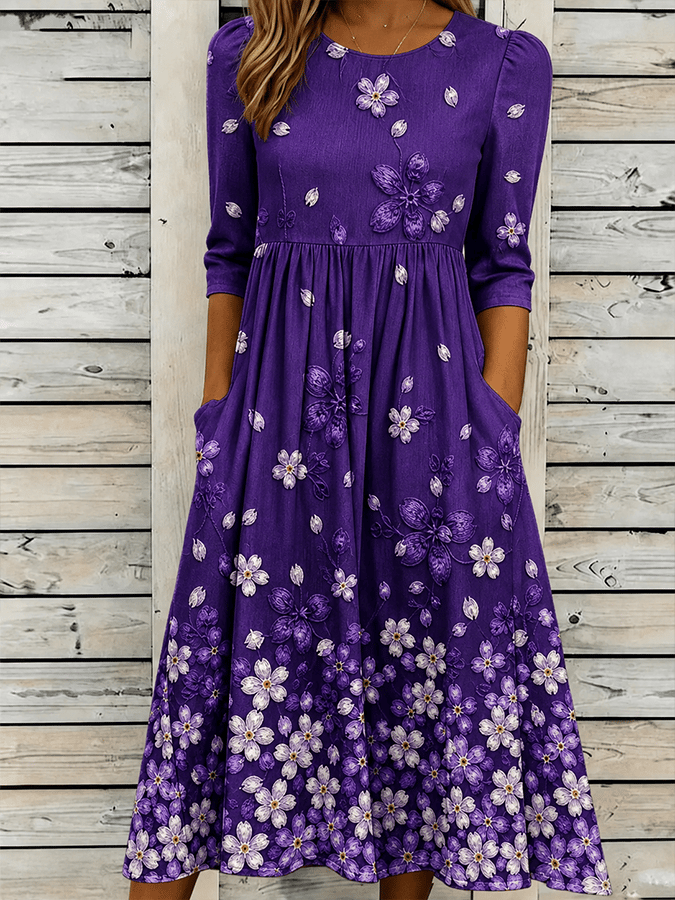Women's Retro Purple Floral Comfortable Cotton Linen Long Dress