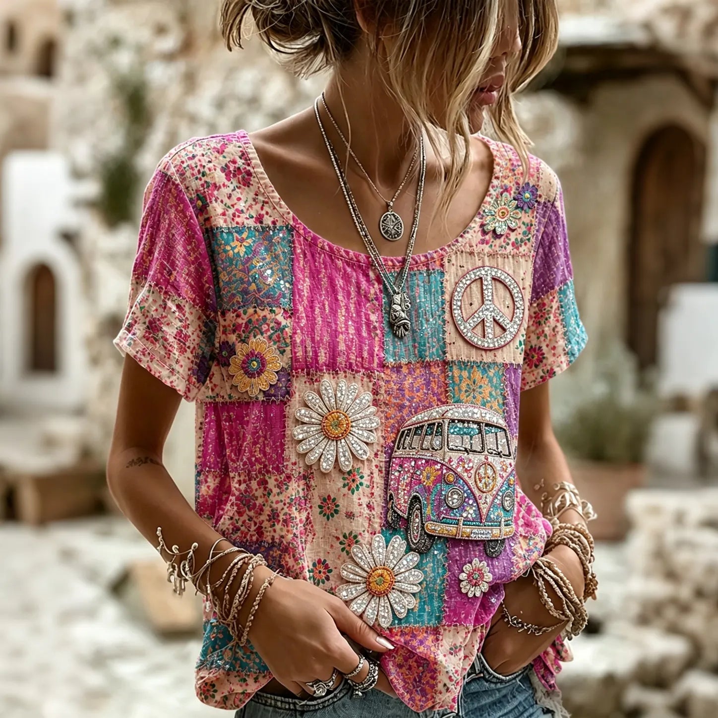 Women's Vintage Hippie Floral Patchwork Art Linen Blend Short Sleeve Tops