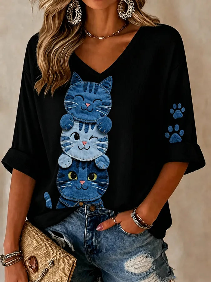 Women's Cats Leisure Print Waffle Top