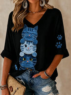 Women's Cats Leisure Print Waffle Top
