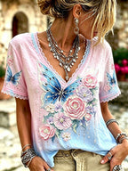 Women's Bohemian-style Floral And Butterfly Print V-neck Short-sleeved Top