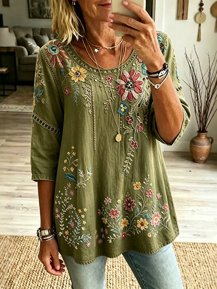 Women's Retro Floral Vacation Cotton Linen Top