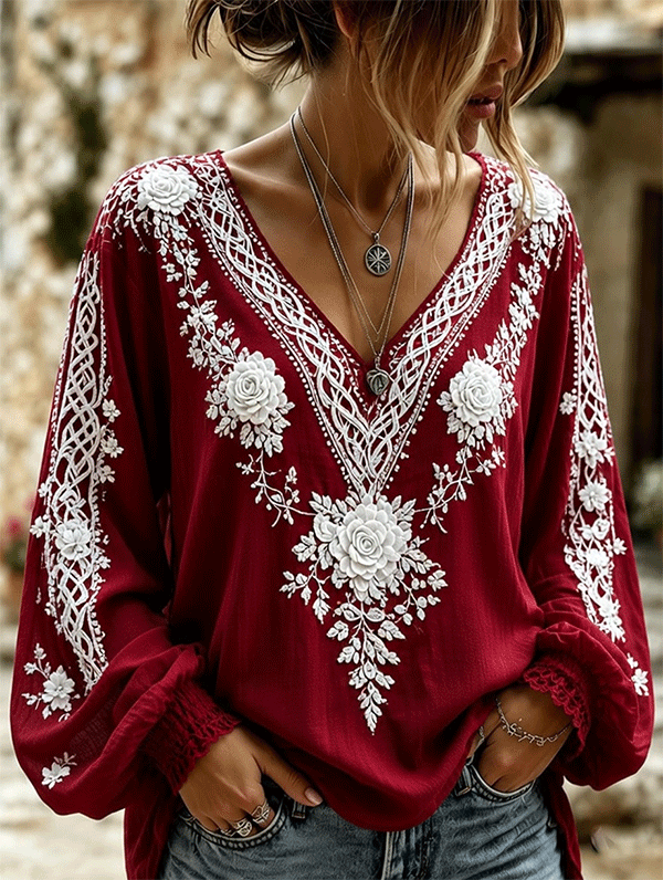 Women's Retro Celtic Knot With Floral Art Linen Blend Long Sleeves Shirt