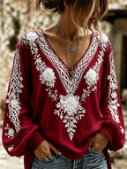 Women's Retro Celtic Knot With Floral Art Linen Blend Long Sleeves Shirt