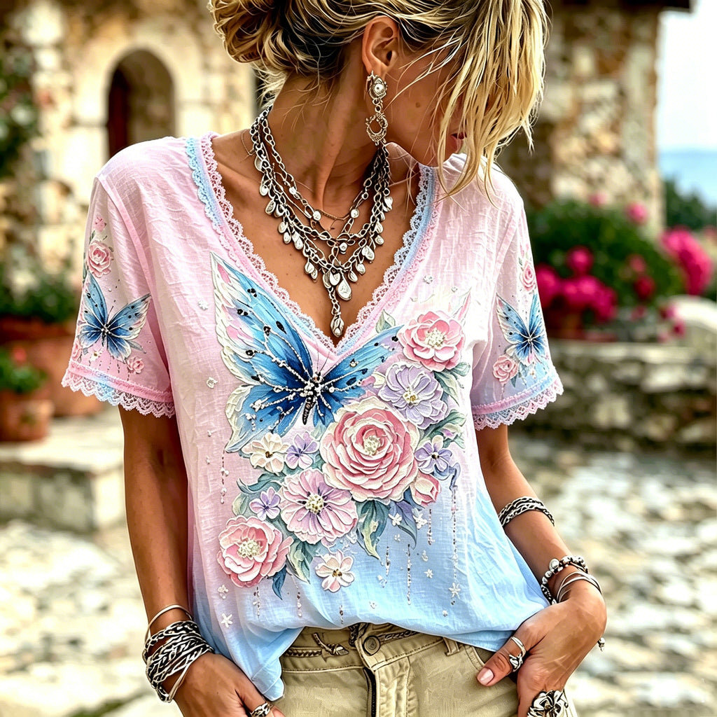 Women's Bohemian-style Floral And Butterfly Print V-neck Short-sleeved Top