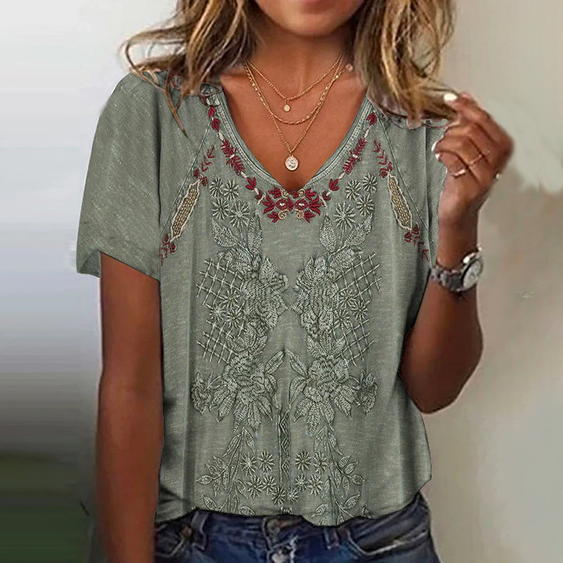 Western Retro Embroidered Casual T Shirt