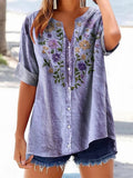 Women's Casual Vintage Floral Art Cotton and Linen Shirt