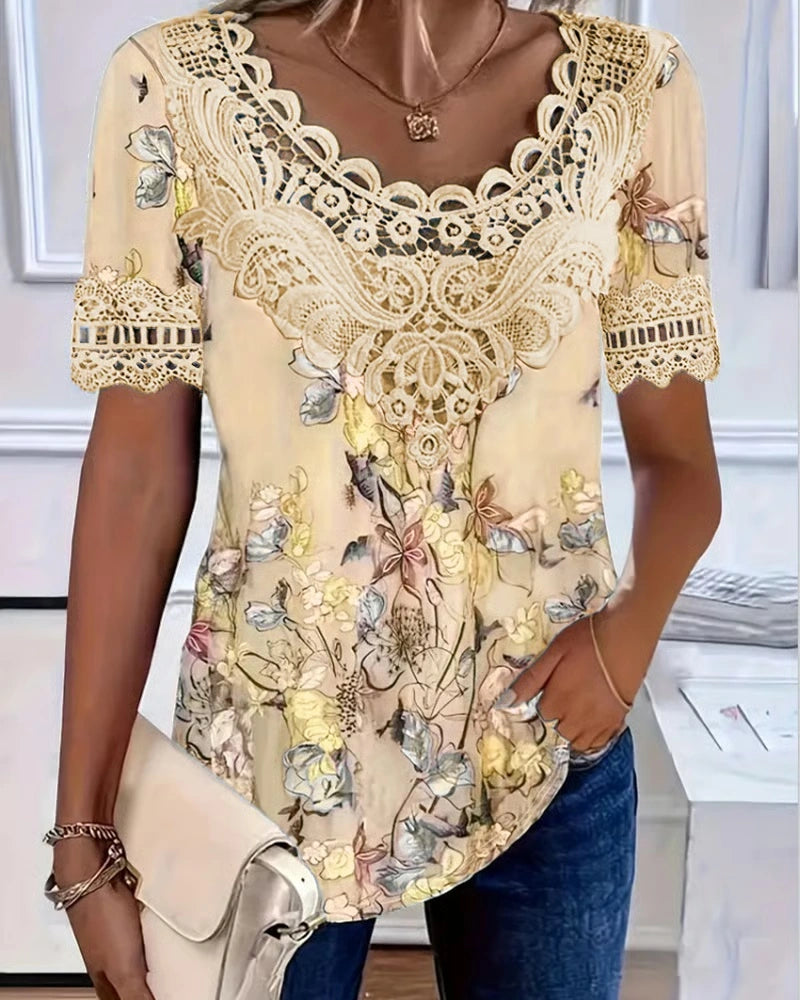 Aumora Floral Print Fashion Short Sleeve T-Shirt