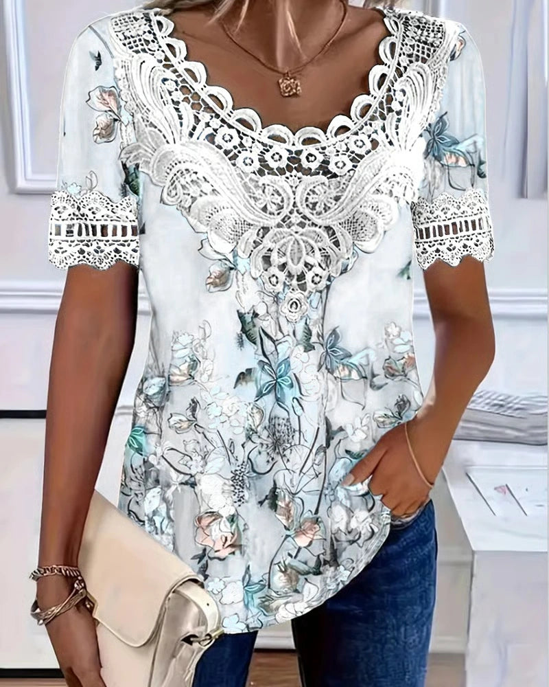 Aumora Floral Print Fashion Short Sleeve T-Shirt