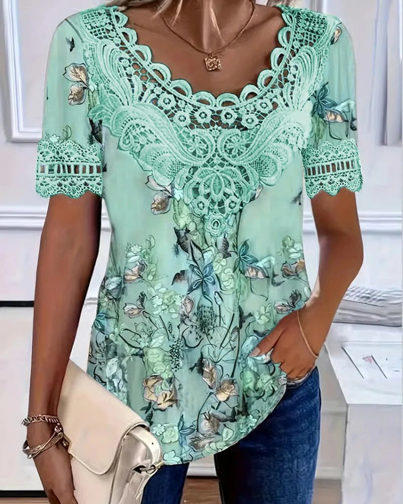 Aumora Floral Print Fashion Short Sleeve T-Shirt
