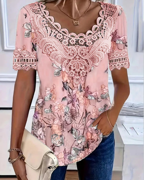 Aumora Floral Print Fashion Short Sleeve T-Shirt