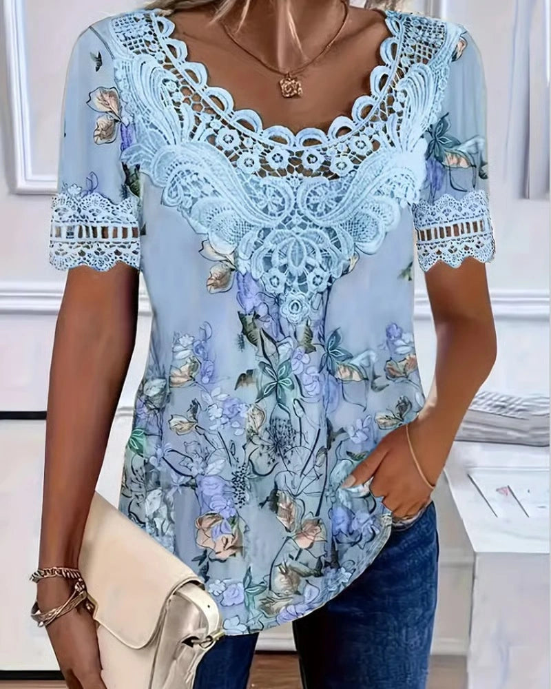 Aumora Floral Print Fashion Short Sleeve T-Shirt