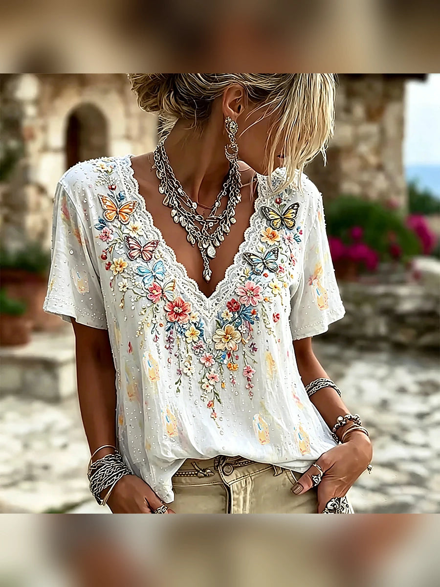 Women's Colorful Floral And Butterfly Art Embroidered Linen Blend Lace V-neck Short Sleeve Top